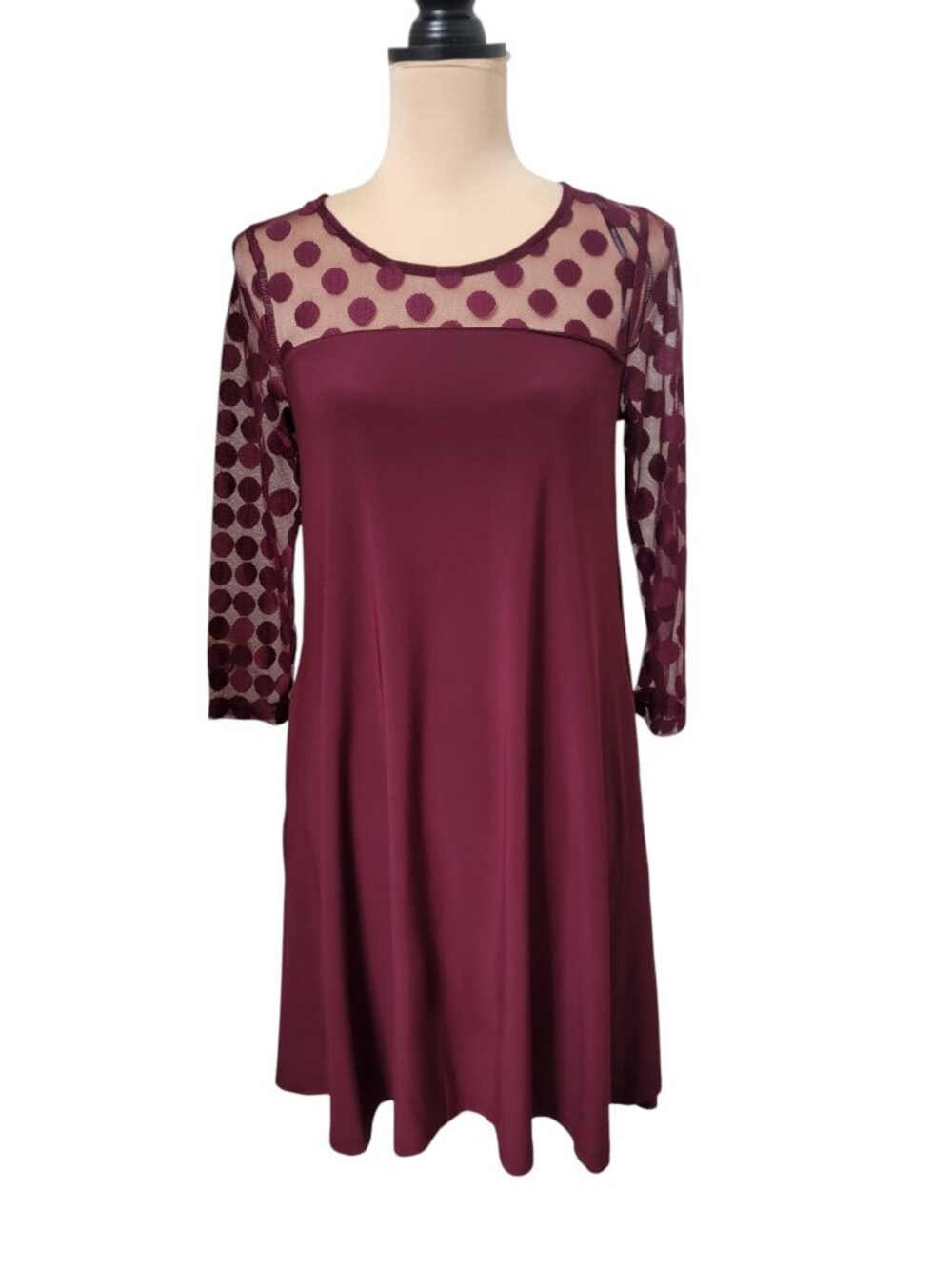Nina Leonard Size S Deep Wine Swing Dress with Polka Dot Mesh Yoke, NEW w/Tag
